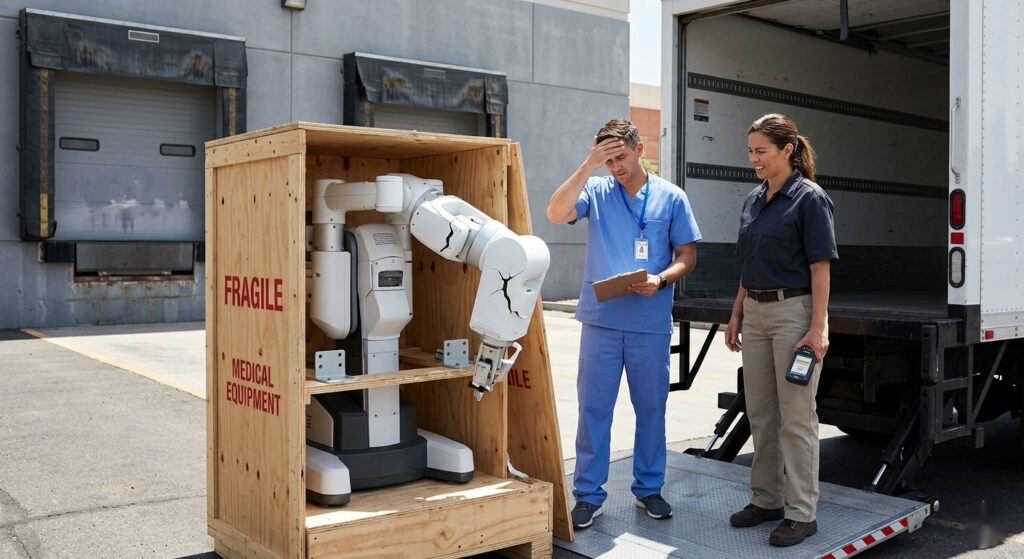 Damaged medical device delivery logistics — hospital worker inspects broken surgical equipment from failed shipping