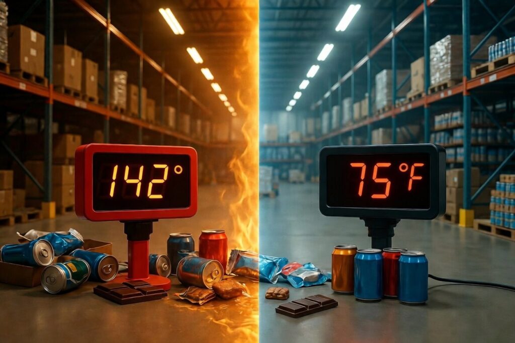 Arizona warehouse temperature control comparison: 142°F non-climate-controlled storage with melted, damaged shelf-stable products vs. Dircks Logistics climate-controlled Phoenix warehouse at 75°F with intact inventory