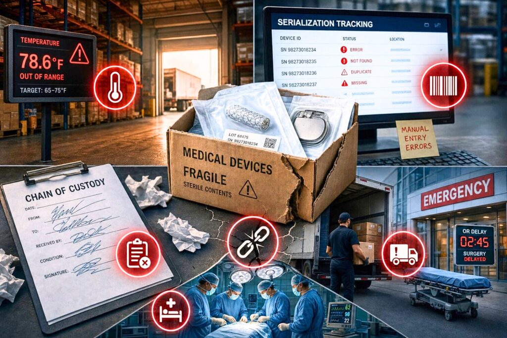 Illustration of medical device warehouse compliance failures showing temperature excursion alerts, serialization tracking errors, broken chain of custody documentation, delayed hospital delivery, and surgical disruption.