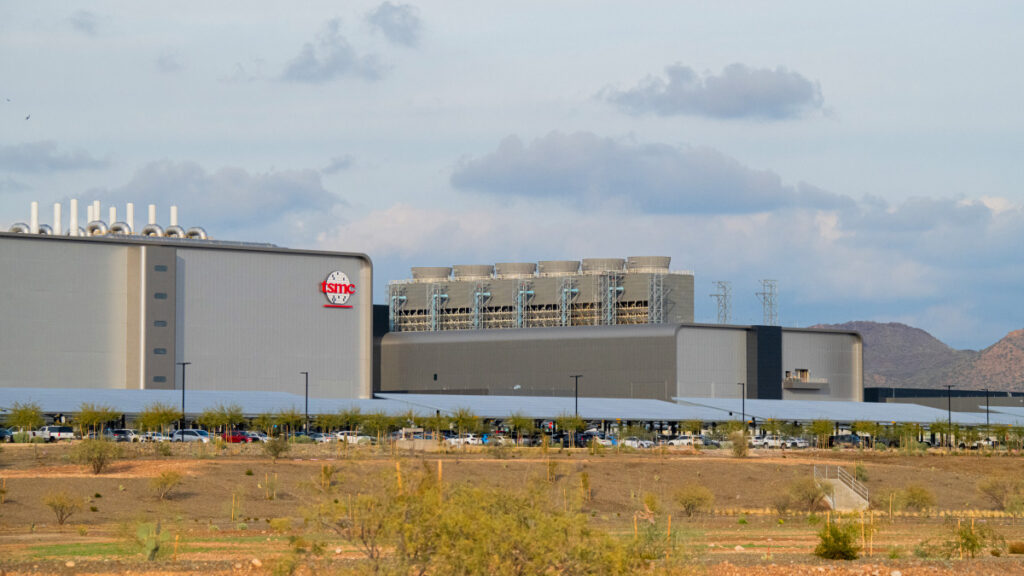 TSMC semiconductor manufacturing facility in Arizona surrounded by desert landscape, highlighting the growth of semiconductor production and supply chain infrastructure in Phoenix.