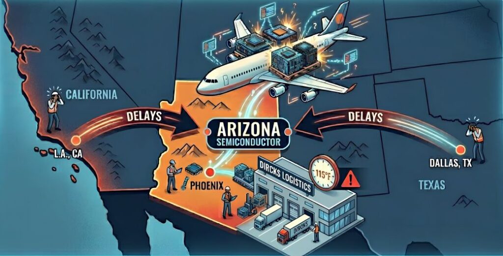 An infographic map of the southwestern United States illustrating the logistics challenges of semiconductor shipping. Large arrows labeled 'DELAYS' point from Los Angeles, California, and Dallas, Texas, toward Arizona. Above, a cargo plane carries giant microchip pallets. In Phoenix, Arizona, a modern Dircks Logistics warehouse is highlighted next to a thermometer reading 115 degrees Fahrenheit, representing a local solution.