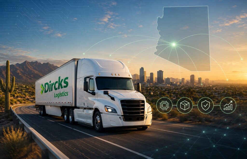 A Dircks Logistics semi truck driving through the Arizona desert near Phoenix with digital supply chain graphics and semiconductor technology overlays representing logistics resilience and semiconductor distribution.