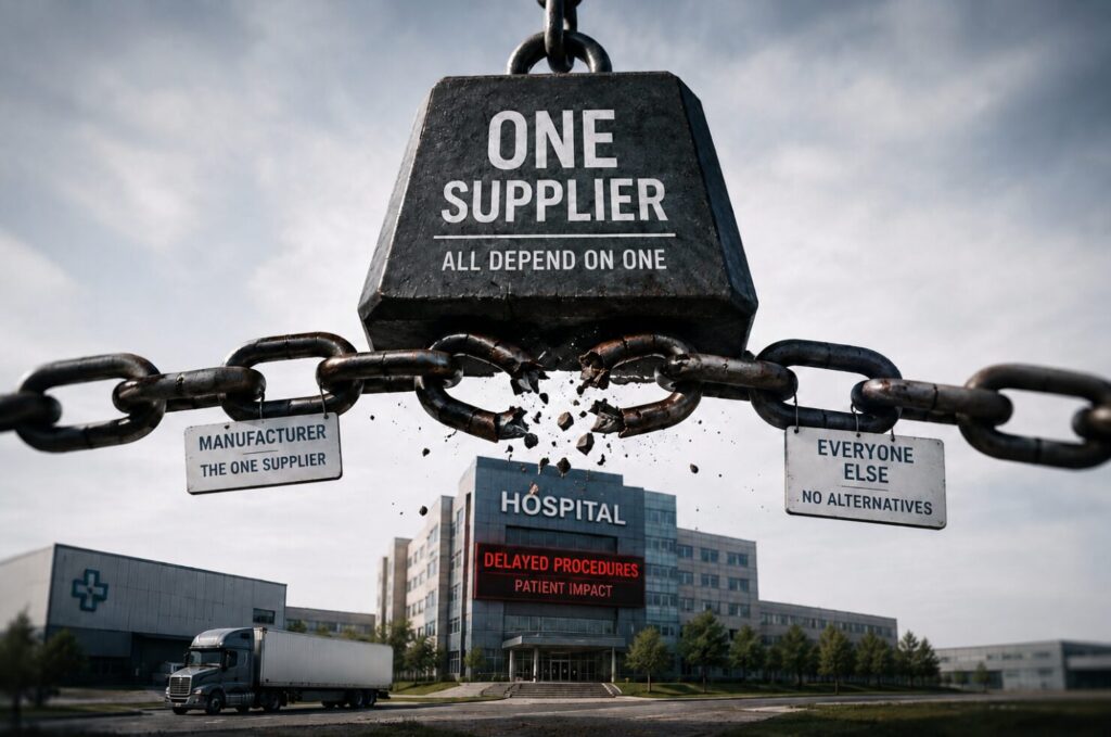 A conceptual healthcare supply chain illustration showing a massive weight labeled “One Supplier” causing a large chain to break above a hospital. Signs on the chain read “Manufacturer” and “Everyone Else,” symbolizing the risks of relying too heavily on a single medical supplier and the resulting impact on hospital operations and patient care.
