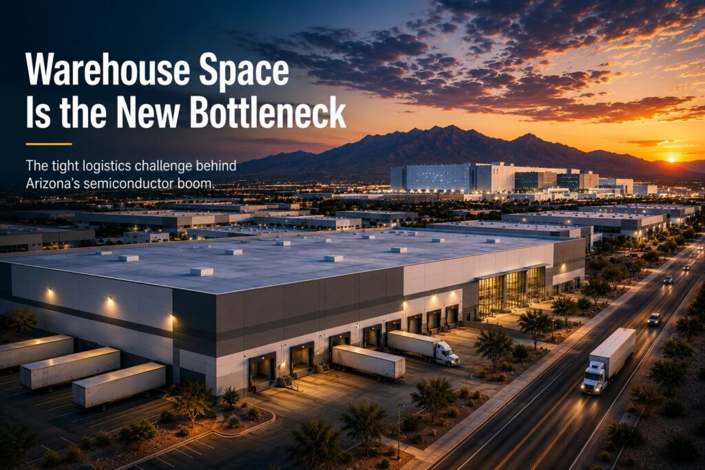 Aerial view of industrial warehouses near a semiconductor manufacturing campus in Arizona at sunset, highlighting the growing challenge of securing warehouse space close to chip fabrication facilities. Text overlay reads, "Warehouse Space Is the New Bottleneck."