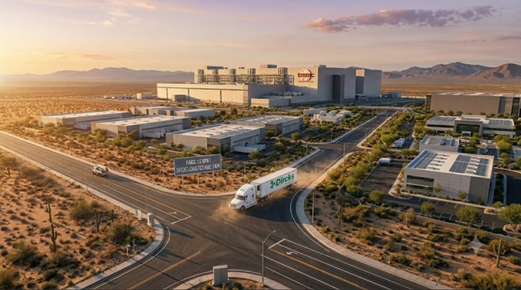 A Dircks Logistics semi-truck turning into a modern, solar-powered warehouse complex in the Phoenix, Arizona desert, located 5 minutes from a massive semiconductor manufacturing fab facility at sunset.
