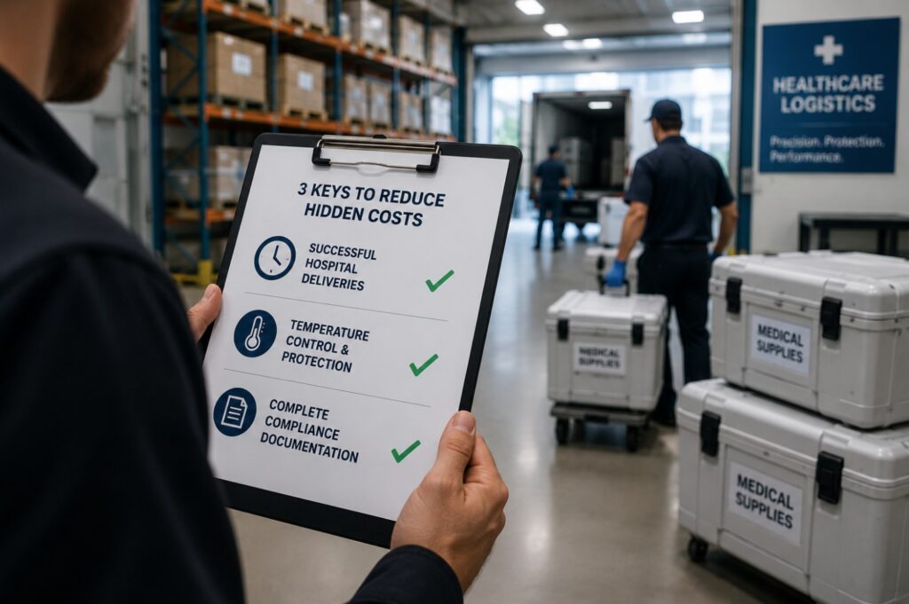 Healthcare logistics professional holding a checklist highlighting three ways to reduce health product distribution costs: successful hospital deliveries, temperature control and protection, and complete compliance documentation. Temperature-controlled medical supply containers and warehouse operations are visible in the background.