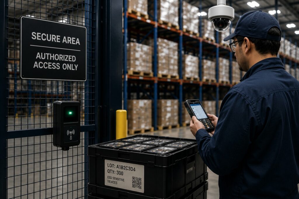 Warehouse employee scans a container of sensitive semiconductor components at a secure access-controlled storage area. Security cameras, restricted entry systems, and organized warehouse inventory highlight the importance of semiconductor supply chain security and traceability.