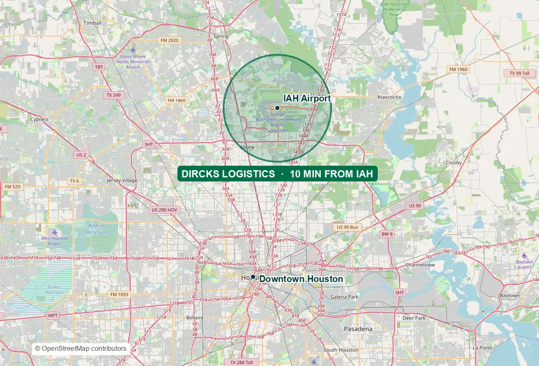 Map of the Houston metro showing the Dircks Logistics hub within about 10 minutes of George Bush Intercontinental Airport, north of Downtown Houston