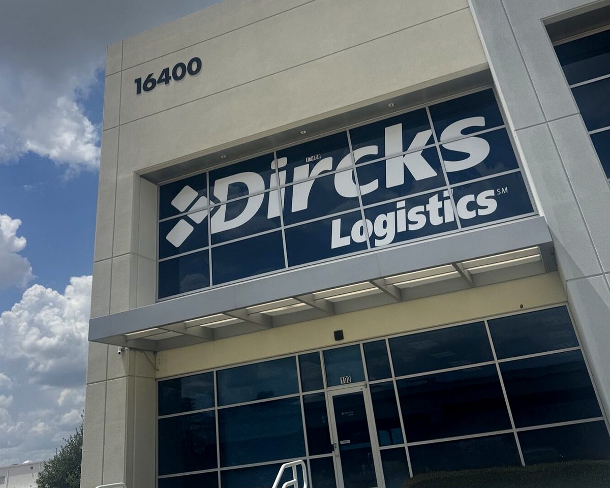 The Dircks Logistics Houston warehouse entrance, showing the 16400 building number, the Dircks Logistics sign, and the Suite 100 doors
