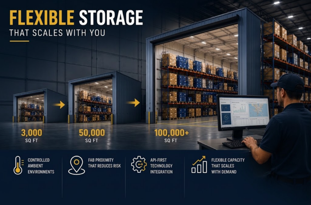 Modern warehouse with scalable storage space, semiconductor components, inventory racks, and logistics operations in an Arizona facility.