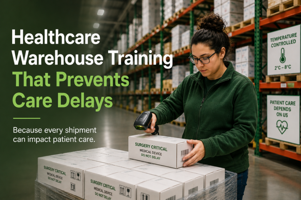 Employee scanning surgery-critical medical devices in a temperature-controlled healthcare warehouse.