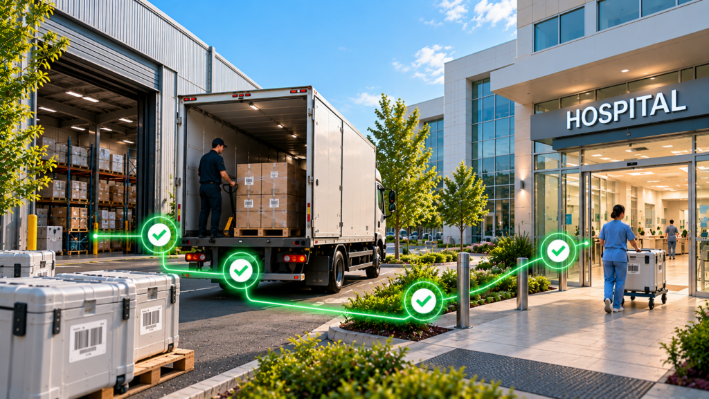 Medical device logistics chain of custody showing tracked transport from a warehouse through delivery to a hospital.