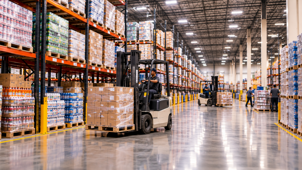 CPG distribution warehouse in Phoenix with palletized food and beverage products, forklifts, and large-scale 3PL storage.