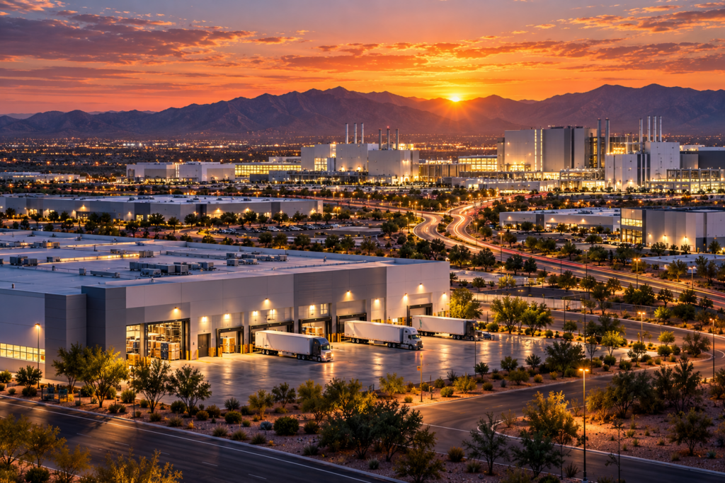 Arizona semiconductor corridor at sunset with a logistics warehouse, trucks, and semiconductor manufacturing facilities near Phoenix.