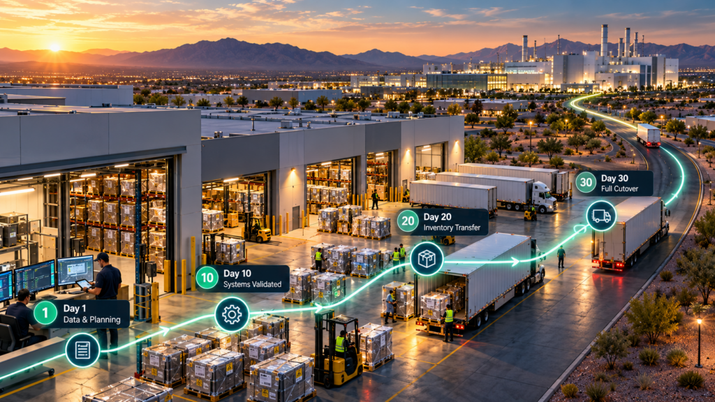 30-day semiconductor 3PL onboarding process showing data planning, systems validation, inventory transfer, and full cutover near an Arizona fab.